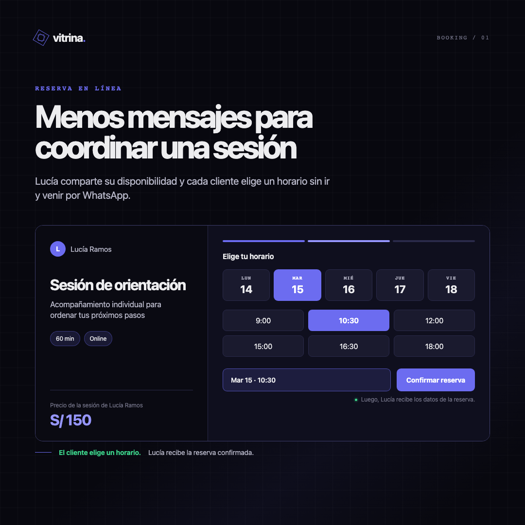 Flujo de reserva: el cliente elige un horario y la profesional recibe la confirmación.